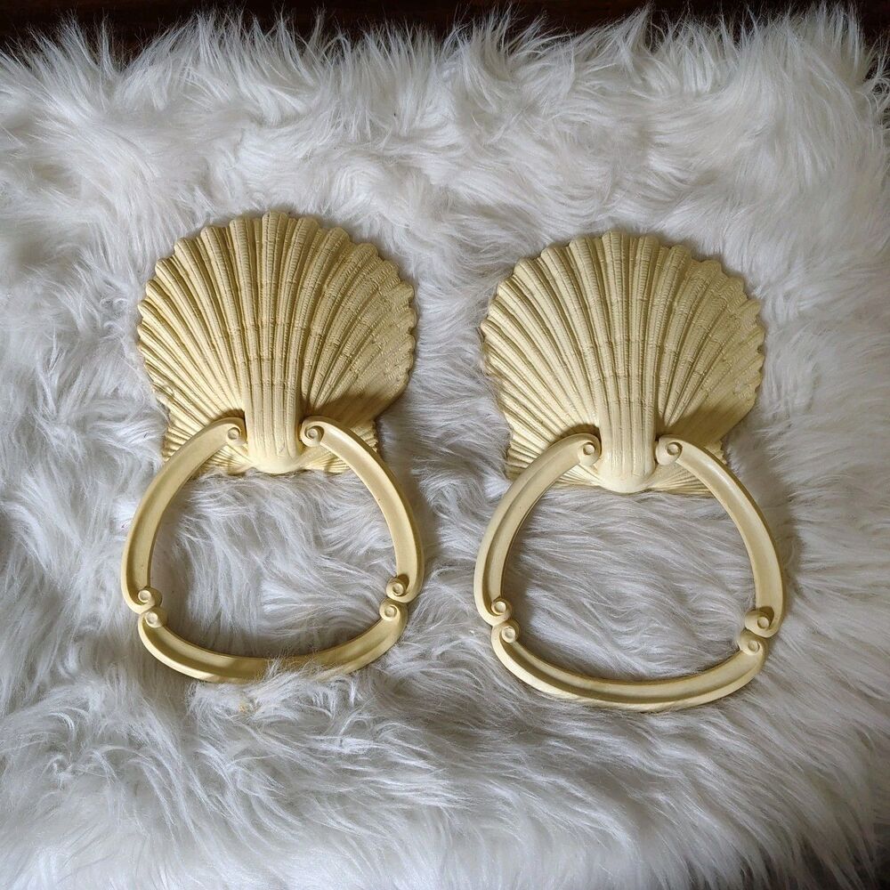 Vintage Homco Seashell Wall Mounted Towel Holders Nautical Bathroom Decor